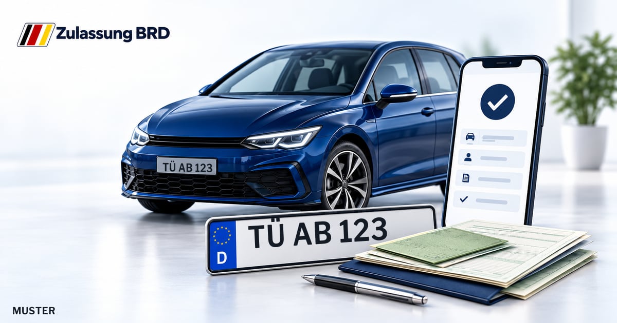 Online Fahrzeugzulassung in Mössingen: Musterkennzeichen TÜ AB 123, Auto und Fahrzeugpapiere und Smartphone. Illustration mit Logo von Zulassung BRD.
